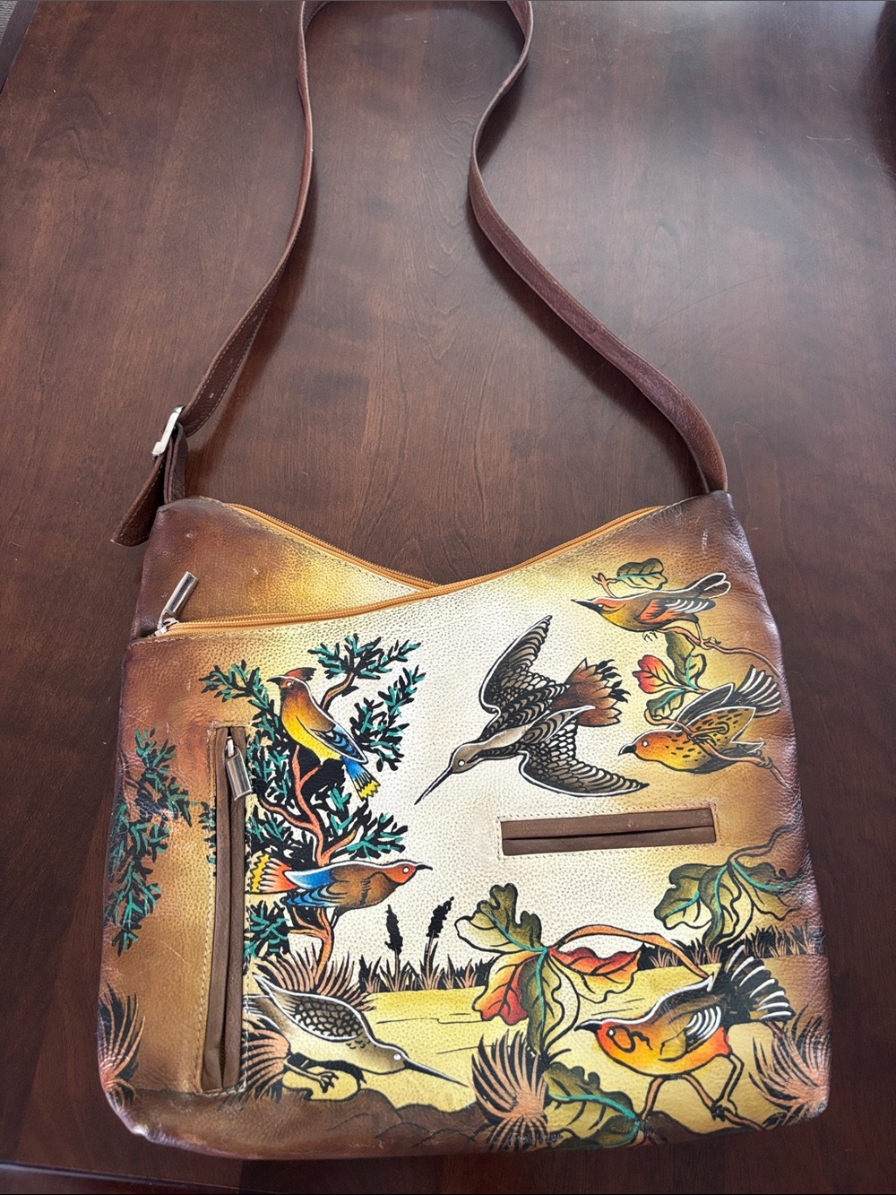 Brown Hand-Painted Bird Motif Women’s Crossbody Bag